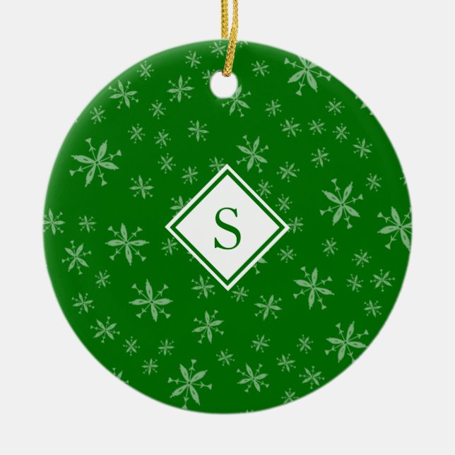 Snowflake Mönster Monogrammed Grönt jul Julgransprydnad Keramik (Framsidan)