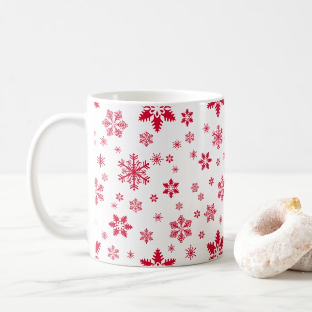 Snowflake Mönster, Red Snöflingor, Snö, White Kaffemugg (Med munk)