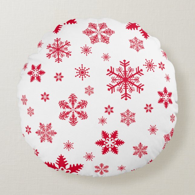 Snowflake Mönster, Red Snöflingor, Snö, White Rund Kudde (Framsidan)