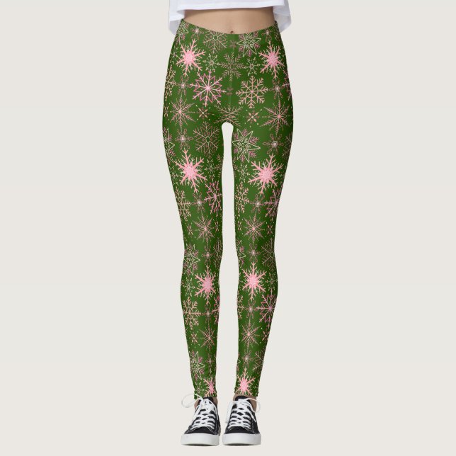 Snowflake mönster Rosa D Grönt BG Leggings (Framsida)