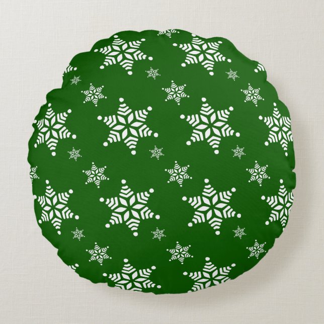 Snowflake Mönster, White Snöflingor, Snö, Grönt Rund Kudde (Framsidan)