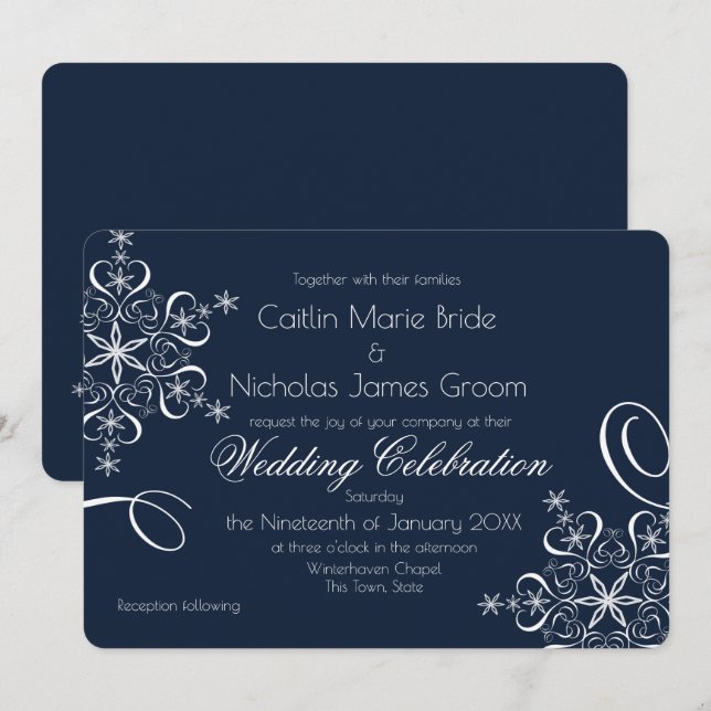 Snowflake Navy Blue Elegance Winter Wedding Inbjudningar (Fram/baksida)