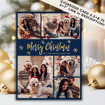 Snowflake Navy och Guld 5 Photo Collage jul Julkort<br><div class="desc">Modern Calligraphy Navy med enkel Elegant och Guld Snöflingor 5 Photo Collage God jul Script Helgdag Card. ( ) NOTERA ATT DESSA STORLEKA KORT PÅ 6, 5" X 8, 75" ÄR STÖRRE ÄN GENOMSNITTET, PÅ GRUND AV DET STÖRRE STORLEKA KORTET ÄR DET NÄSTAN SÄKERT ATT POSTAGKOSTNADERNA KOMMER ATT VARA HÖGRE....</div>