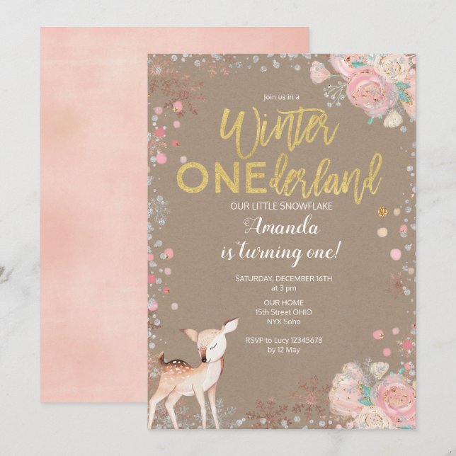 Snowflake ONEderland 1:a födelsedagsstarten Inbjudningar (Fram/baksida)