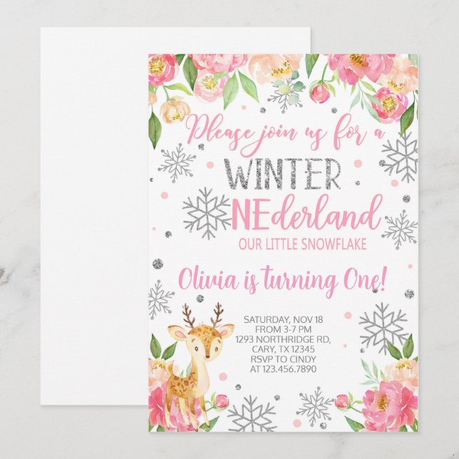 Snowflake Onederland-flickans födelsedag inbjudan. Inbjudningar (Fram/baksida)
