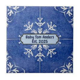 Snowflake pattern blue & white holiday custom name kakelplatta
