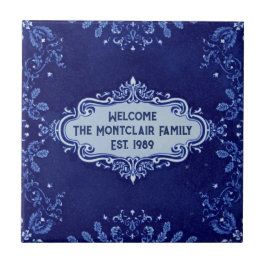Snowflake pattern blue & white holiday custom name kakelplatta