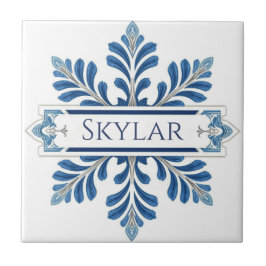 Snowflake pattern blue & white holiday custom name kakelplatta