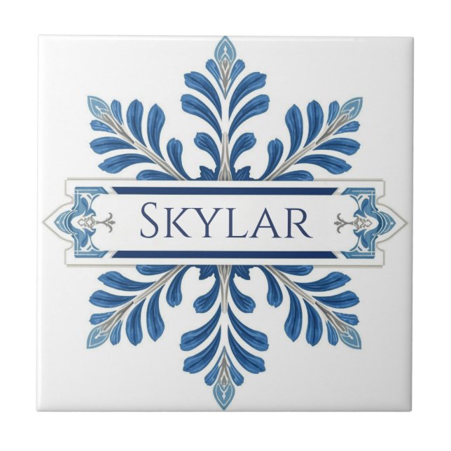 Snowflake pattern blue & white holiday custom name kakelplatta (Framsidan)