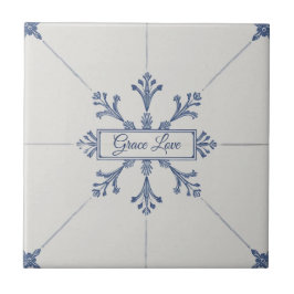 Snowflake pattern blue & white holiday custom name kakelplatta