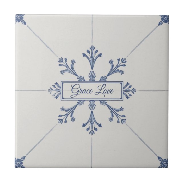 Snowflake pattern blue & white holiday custom name kakelplatta (Framsidan)