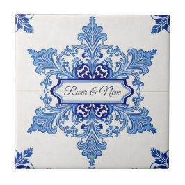Snowflake pattern blue & white holiday custom name kakelplatta