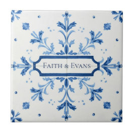 Snowflake pattern blue & white holiday custom name kakelplatta