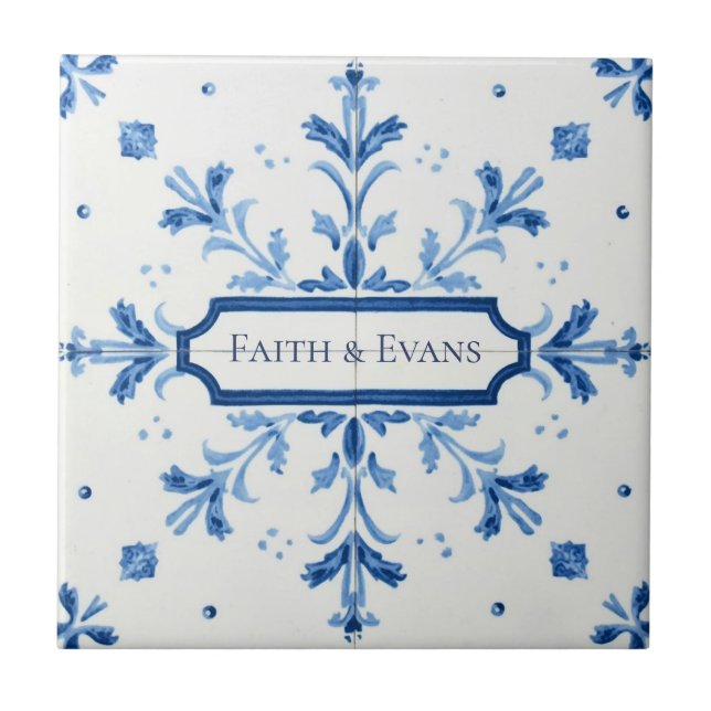 Snowflake pattern blue & white holiday custom name kakelplatta (Framsidan)