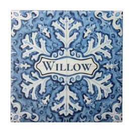 Snowflake pattern blue & white holiday custom name kakelplatta