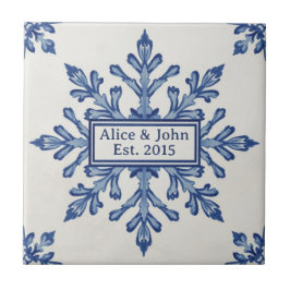 Snowflake pattern blue & white holiday custom name kakelplatta