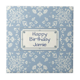 Snowflake pattern blue & white holiday custom name kakelplatta