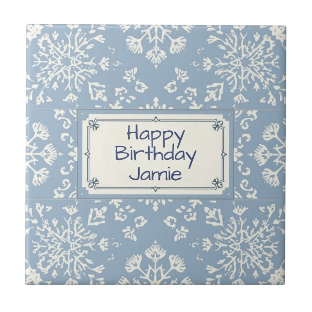 Snowflake pattern blue & white holiday custom name kakelplatta (Framsidan)