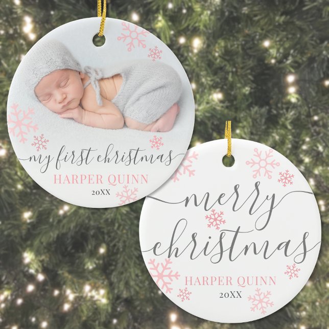 Snowflake Photo Girl Baby Första jul Julgransprydnad Keramik (Snowflake Photo Girl Baby First Christmas Ceramic Ornament )