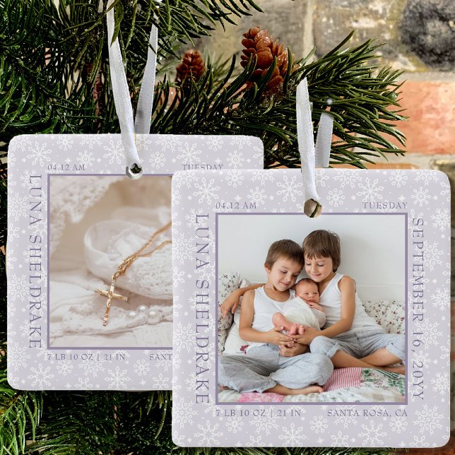 Snowflake Photo Ram Baby Birth Stats Lavender Julgransprydnad Keramik (Skapare uppladdad)