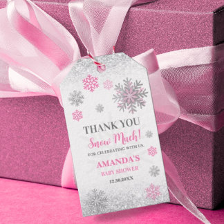Snowflake Pink & Silver Baby Shower Thank You Presentetikett