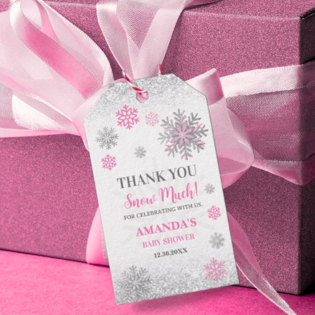 Snowflake Pink & Silver Baby Shower Thank You  Presentetikett (Skapare uppladdad)