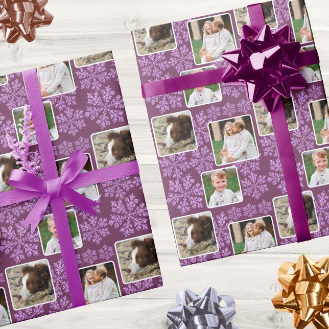 Snowflake Plum Bling 3 Photo Collage jul Presentpapper (Add your photos to the picture collage design in dark purple for fun Christmas wrapping paper)