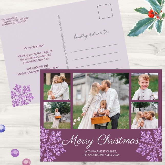 Snowflake Plum Bling 5-familjens fotojul Helg Vykort (Personalize these purple Christmas postcards using the easy to use photo and text templates)