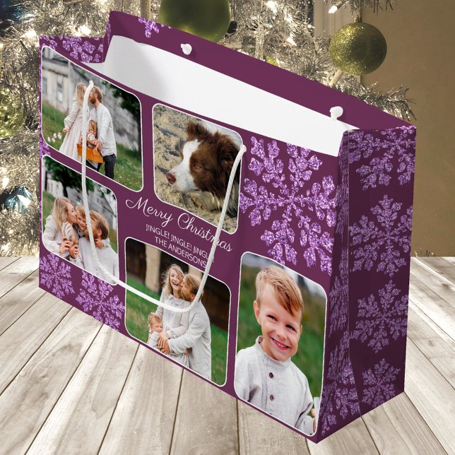 Snowflake Plum Bling 5 Photo Collage jul (Easy to personalize, these 5 photo Christmas gift bags in dark purple with snowflakes are way cute)