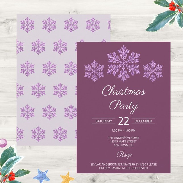Snowflake Plum Bling Elegant - jul (Personalize these plum purple and faux glitter snowflake invitations for an elegant Christmas party)