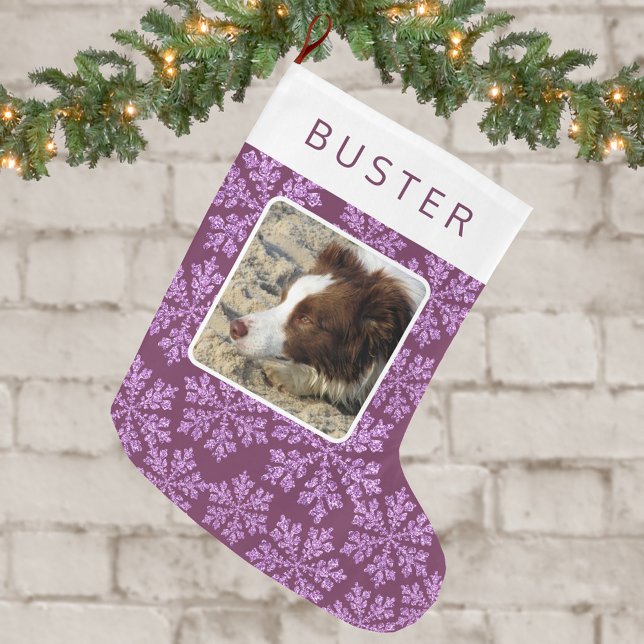Snowflake Plum Bling Simple Cute Kid eller Pet Pho Stor Julstrumpa (So cute for kids and pets, these double sided photo Christmas stockings are easy to personalize)