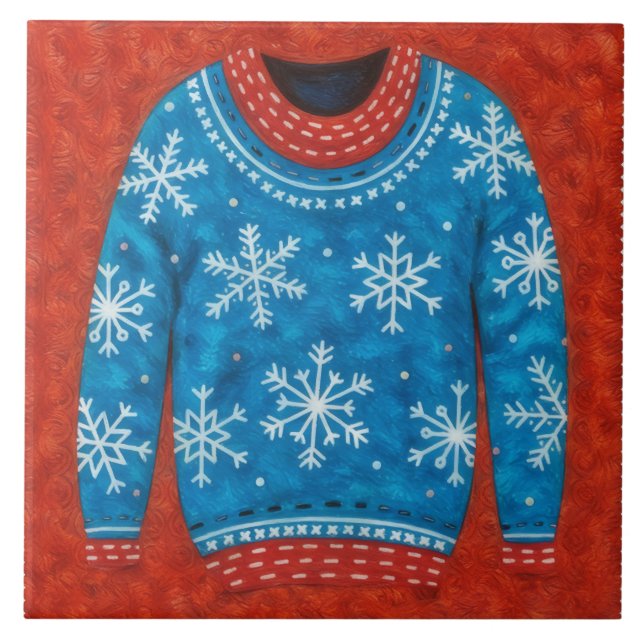 Snowflake Red Blue Ugly Sweater Fun Holiday Tile Kakelplatta (Framsidan)