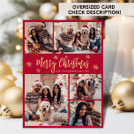 Snowflake Red och Guld 5 Photo Collage jul Julkort<br><div class="desc">Modern Calligraphy Red and Guld Snowflake 5 Photo Collage God jul Script Helgdag Card. ( ) NOTERA ATT DESSA STORLEKA KORT PÅ 6, 5" X 8, 75" ÄR STÖRRE ÄN GENOMSNITTET, PÅ GRUND AV DET STÖRRE STORLEKA KORTET ÄR DET NÄSTAN SÄKERT ATT POSTAGKOSTNADERNA KOMMER ATT VARA HÖGRE. OM DU FÖREGÅR...</div>