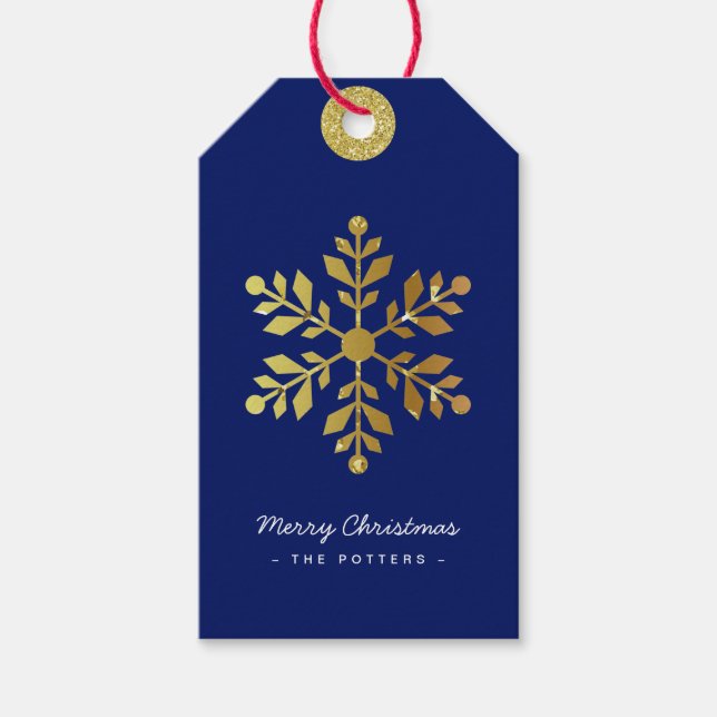 Snowflake | Roligt Julblått och Guld Presentetikett (Framsidan)