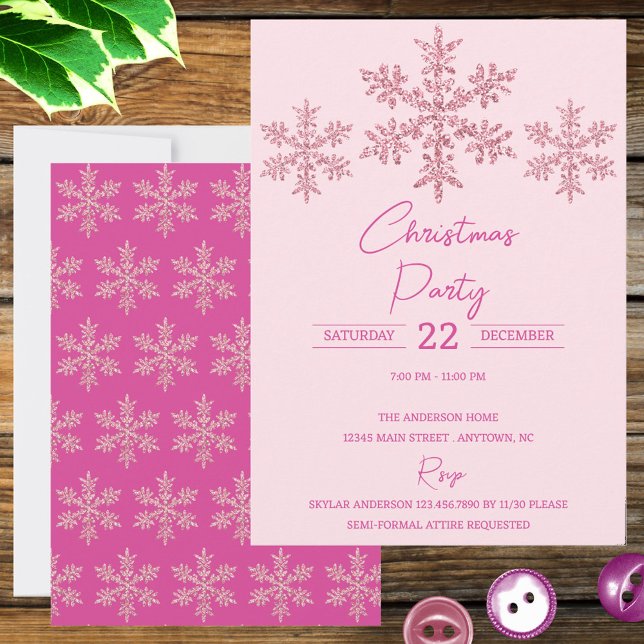 Snowflake Rosa Glam Elegant - julhelg (Planning the perfect Christmas party? These pink snowflake holiday invitations make a statement)