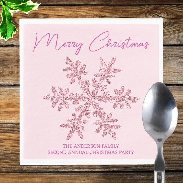 Snowflake Rosa Glam Minimal jul Party Pappersservett (Pink snowflake paper napkins perfect for holiday parties, lunches, dinners and brunches.)