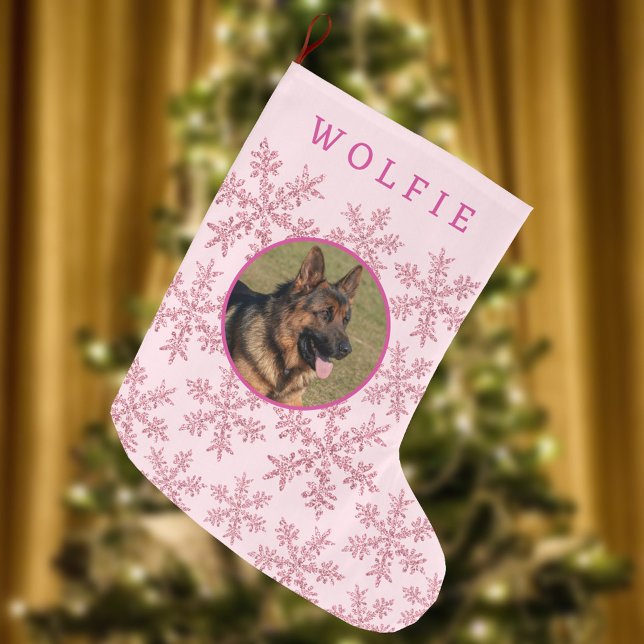Snowflake Rosa Glam Simple Cute Kid eller Pet Phot Stor Julstrumpa (Double sided faux glitter pink snowflake Christmas stocking fun for pets and kids)