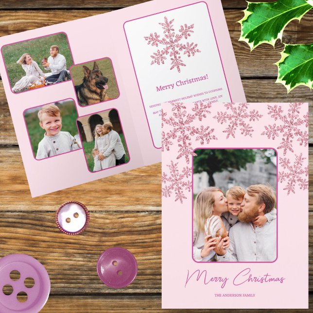 Snowflake Rosa Glam Trendig  Script Chic 5 Photo Helgkort (Display five of your photo favorites in these faux sparkle pink snowflake folded Christmas cards)