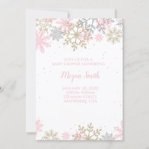 Snowflake Rosa och Guld Glitter Winter Baby Shower Inbjudningar