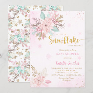 Snowflake Rosa och Guld Glitter Winter Baby Shower Inbjudningar