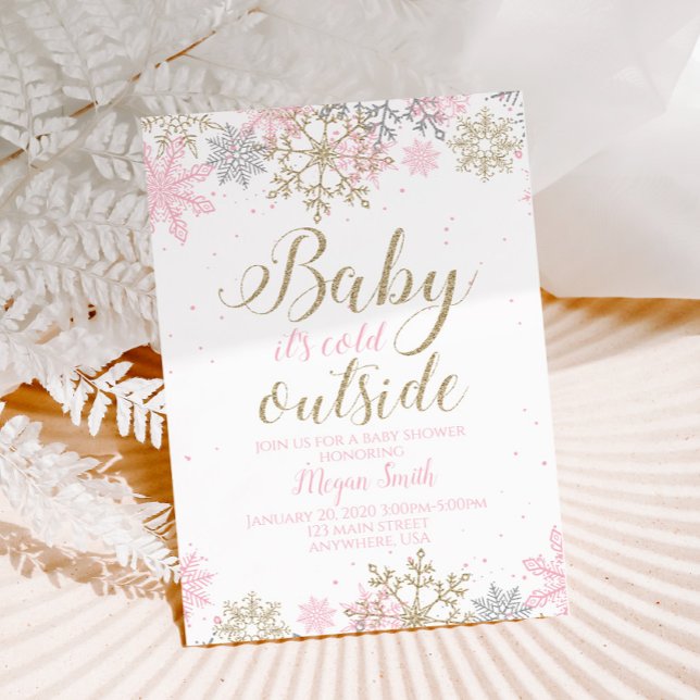 Snowflake Rosa och Guld Glitter Winter Baby Shower Inbjudningar (Skapare uppladdad)
