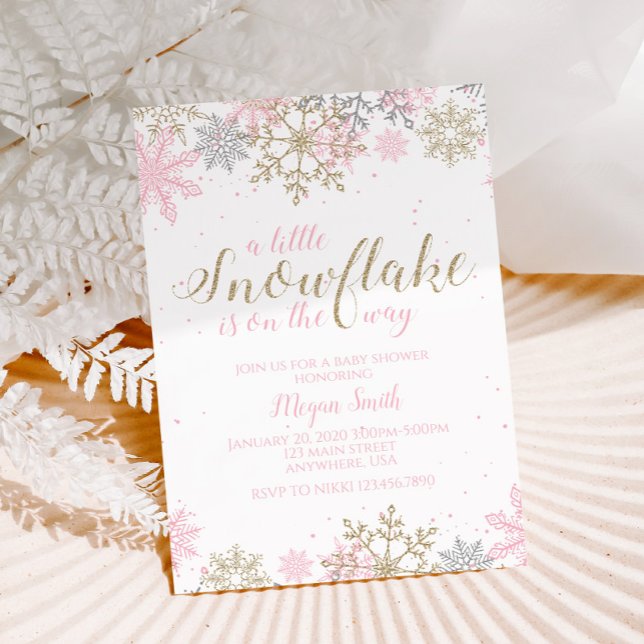 Snowflake Rosa och Guld Glitter Winter Baby Shower Inbjudningar (Skapare uppladdad)