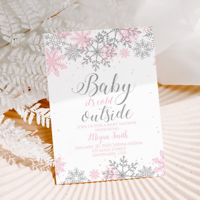 Snowflake Rosa och Silver Glitter Baby Shower Inbjudningar (Skapare uppladdad)