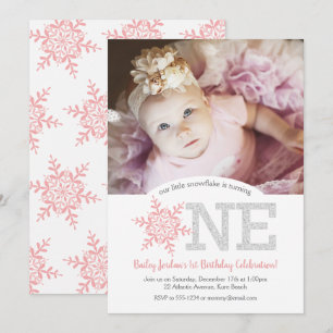Snowflake Rosa Silver Glitter 1:a födelsedagsfoto Inbjudningar