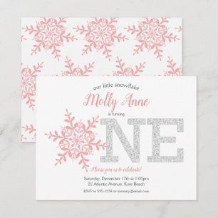 Snowflake Rosa Silver Glitter Winter 1:a födelseda Inbjudningar
