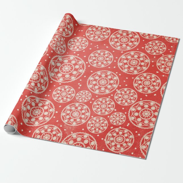 Snowflake Rounds på Red Wrapping Papper Presentpapper (Utrullad)