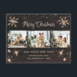 Snowflake Rustic Wood 3 Photo Collage Helg Vykort<br><div class="desc">Rustiskt vykort för foto God jul och Gott nytt år med ett fotokollage med stjärnor,  snöflingor och ett vackert handskrivet Julhälsningar i ett festivt skript. Anpassa enkelt det här helgdag-vykortet för rustiskt trä med foton,  namn och text från familjen.</div>