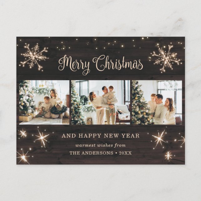 Snowflake Rustic Wood 3 Photo Collage Helg Vykort (Framsida)