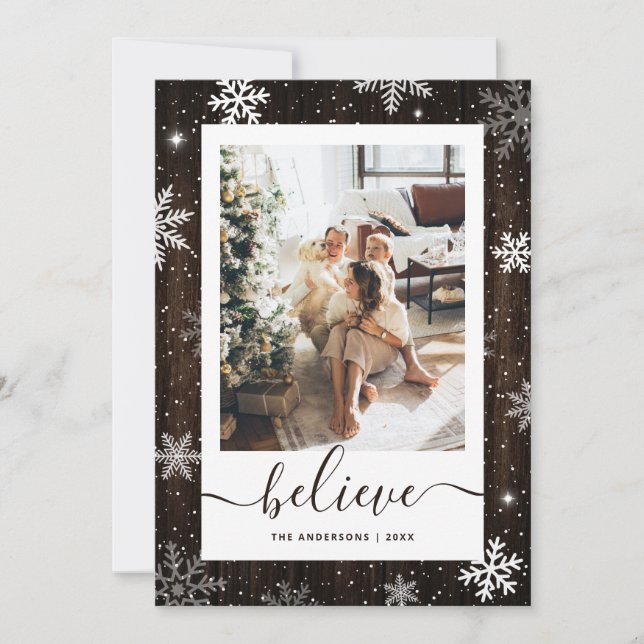 Snowflake Rustic Wood Photo Tro Julkort (Framsida)