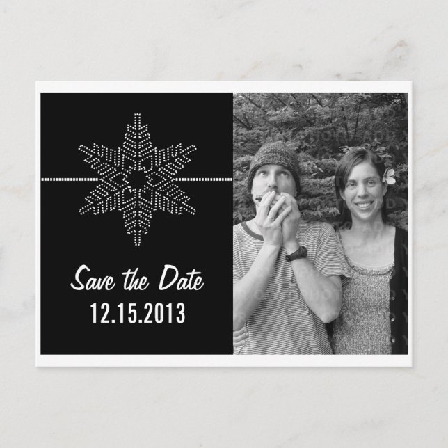 Snowflake Save Date Postcard, svart Meddelande Vykort (Framsida)